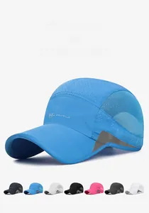 Detail of breathable honeycomb mesh and reflective strip on a quick-dry running cap