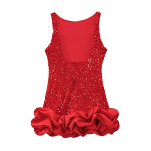 Robe sans manches à paillettes rouges avec dos nu en U et ourlet bouffant plissé