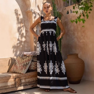 Women's black and white ethnic print maxi beach dress with strappy square neck style