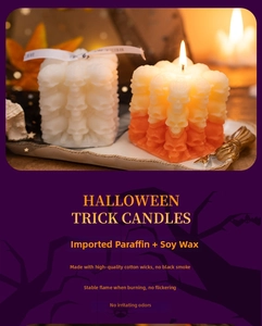 Detail of skull shaped candles made of paraffin and soy wax for Halloween decor