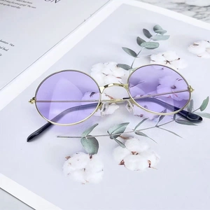 Close-up of retro round purple sunglasses with gold metal frames on a magazine