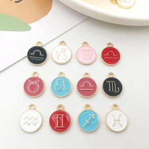 Set of 12 circular zodiac signs charms with colorful enamel and gold finish for DIY jewelry