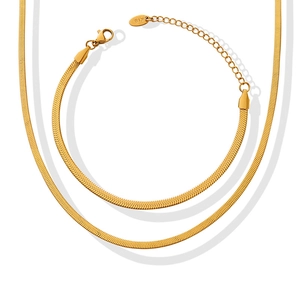 Chic 18K gold plated stainless steel herringbone snake chain necklace and bracelet set