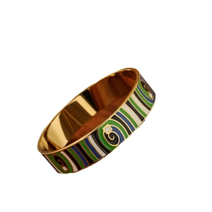 Vintage style stainless steel enamel bangle with colorful geometric patterns in gold finish