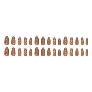 Retro caramel almond press-on nails with white polka dots and shimmering glitter finish