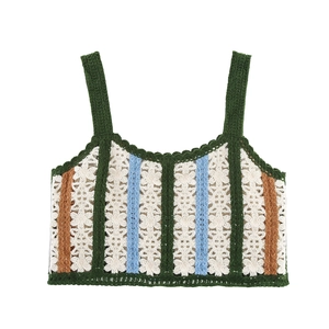 Women Crochet Knit Camisole Top Boho Multicolored Stripe Floral V Neck Sleeveless Summer Crop Tank Top