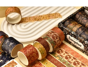 Detailed set of 12 vintage oriental washi tapes with dragon and crane patterns in a gift box