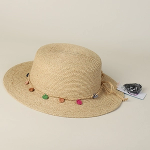 Boho Women Raffia Straw Boater Hat With Colorful Crochet Decoration Flat Top Wide Brim Summer Beach Vacation Sun Hat
