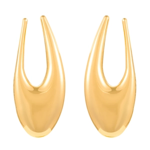Macro detail of glossy gold streamlined U-shaped metallic earrings for women