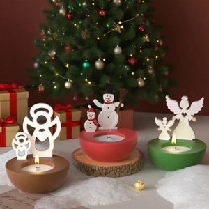 Lot de 3 bougeoirs de Noël avec motifs découpés d'anges et bonhommes de neige en bois