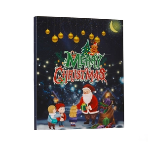Side view of a Christmas advent calendar gift box with Santa and reindeer illustration