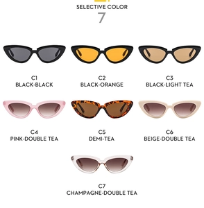 Detailed grid view of cat-eye sunglasses in seven trendy color frames and tinted lenses