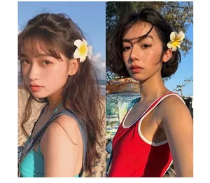 Detail of sweet plumeria flower hair clips worn by models for beach holiday vacations
