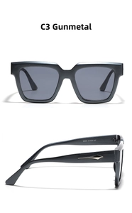 Close-up of gunmetal square sunglasses with spindle decor and size specs on the temple