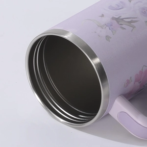 Insulated 304 stainless steel tumbler with handle and purple floral 3D print pattern