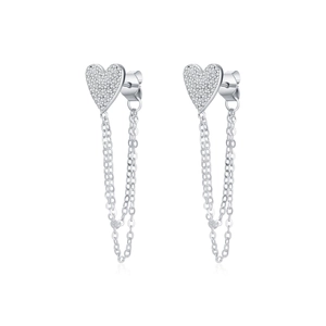 Sparkling S925 silver heart stud earrings with long double tassels and cubic zirconia