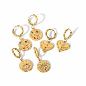 Three pairs of 18k gold plated stainless steel hoop earrings with colorful zircon charms
