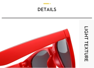 Children bright red sunglasses detail view, classic party sun eyewear with dark lenses.