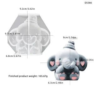 Detailed dimensions of elephant silicone mold with finished wax candle size comparison
