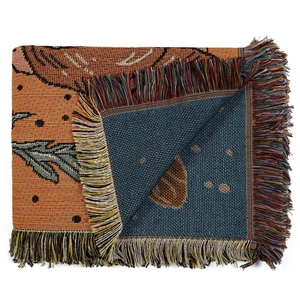 Bohemian jacquard woven picnic blanket with orange totem patterns and colorful fringe edge