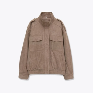 Damen Suede Jacke Stehkragen Reißverschluss Cargo Taschen Mit Epauletten Vintage Streetwear Lockerer Oberbekleidung