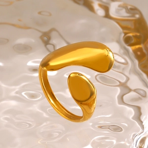Irregular liquid metal gold open ring for women with minimalist organic droplet design