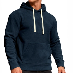 Felpa da uomo in pile blu navy con coulisse a contrasto e tasca a marsupio frontale
