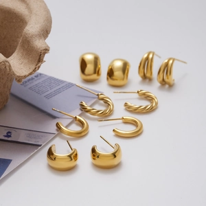 Set of five classic 14K gold plated stainless steel hoop earrings in various textures