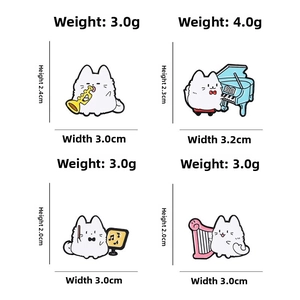 Set of four music-themed cartoon cat enamel pins showing weights and dimensions
