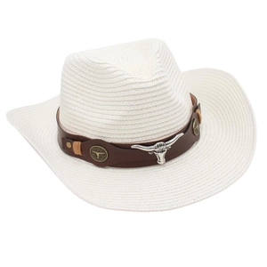 Detail of white woven cowboy hat featuring a leather band and silver bull head ornament