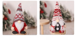 Close-up of Style A and B Christmas gnomes with knit hats and faux fur beards decor