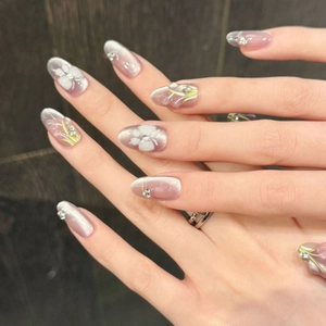 3D purple tulip press-on nails with cat-eye effect and delicate white floral relief
