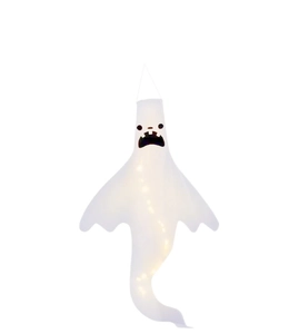 Detail of white hanging ghost windsock with black facial features and warm LED lighting