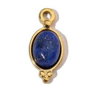 Detailed close-up of a gold-plated oval pendant featuring a deep blue gemstone inlay