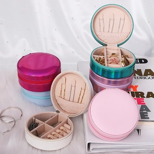 Portable Round PU Leather Jewelry Organizer Case Travel Mini Box With Zipper For Rings And Earrings Jewelry Packaging