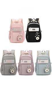 Detail of multi-compartment student backpacks in five colors with cute bear charms