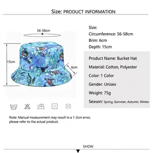 Bob réversible bleu avec imprimé tortue et spécifications détaillées des tailles