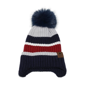 Kids winter striped knit beanie with ear flaps and navy blue faux fur pom-pom