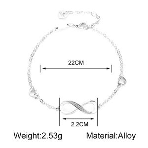 Detail view of silver infinity symbol bracelet with size and weight measurements