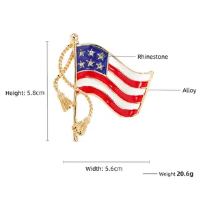 Creative American flag brooch in gold alloy with enamel colors and rhinestone stars