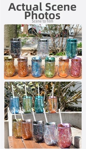 Outdoor shot of double-walled egg-shaped 10oz tumblers with colorful glitter and straws