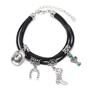 Multilayer black leather bracelet set with silver cowboy charms and lucky horseshoe