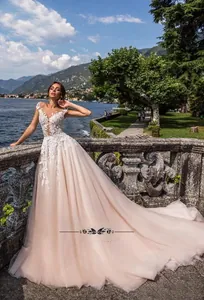 Gros plan de la broderie florale en dentelle blanche sur une robe de mariée en V