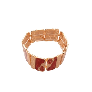 Bohemian elastic cuff bracelet featuring gold rectangle plates and red enamel textures