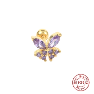 Detail of S925 sterling silver butterfly ear stud with purple marquise zircon stones