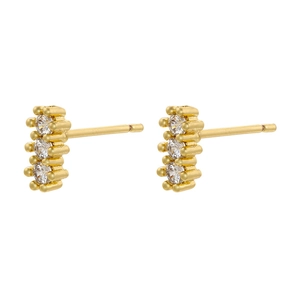 18K gold plated stud earrings with three vertical round zircon stones on white background