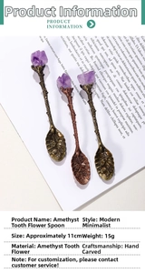 Macro shot of three vintage bronze long-handle spoons with raw amethyst crystal tips