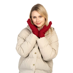 Detail of red wavy knit thermal gloves with double-layer fleece lining for winter