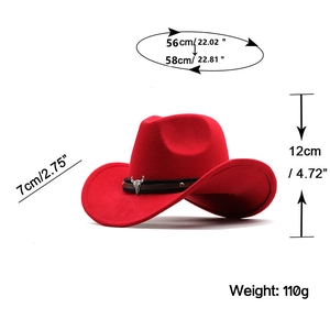 Chapeau de cowboy rouge en laine avec boucle tête de taureau et dimensions détaillées