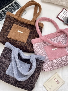 Women Large Capacity Tote Bag Leopard Print Plush Sherpa Trim Shoulder Handbag Casual Korean Style Winter Fashion